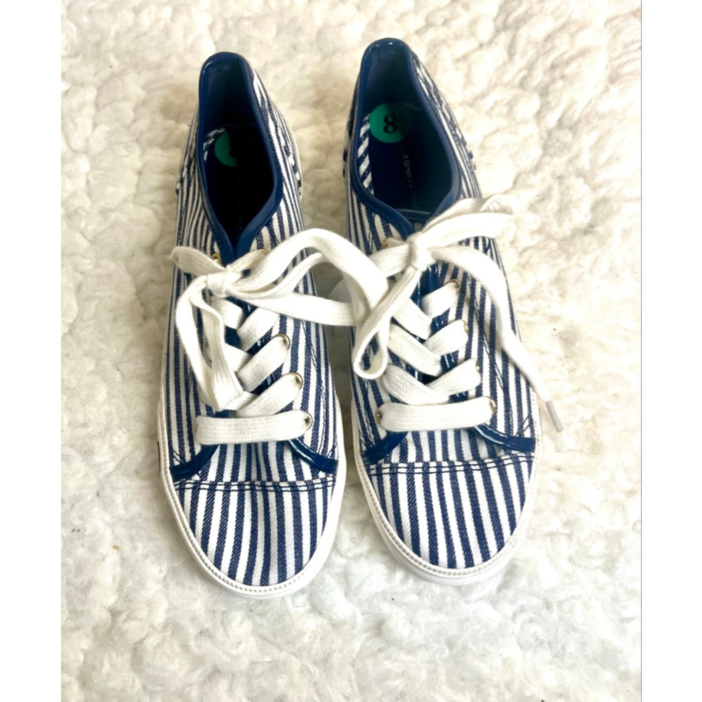Tommy Hilfiger navy blue and white striped canvas sneakers women Size 8
